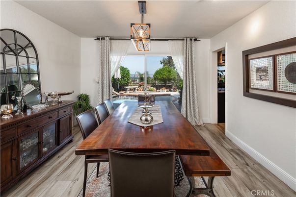 Dining room, Interior, Pendant Lights, Wood Texture Flooring