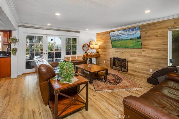 Fireplace, Interior, Living room, Recessed Lighting, Wood Texture Flooring, Wooden Walls