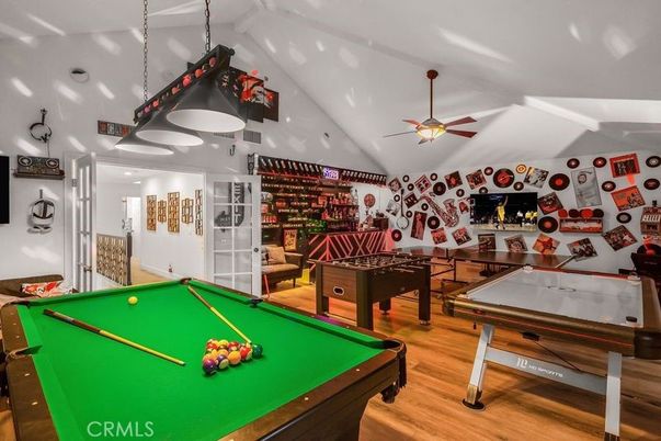 Billiard Table, Fireplace, Game Room, Interior, Pendant Lights, Wood Texture Flooring