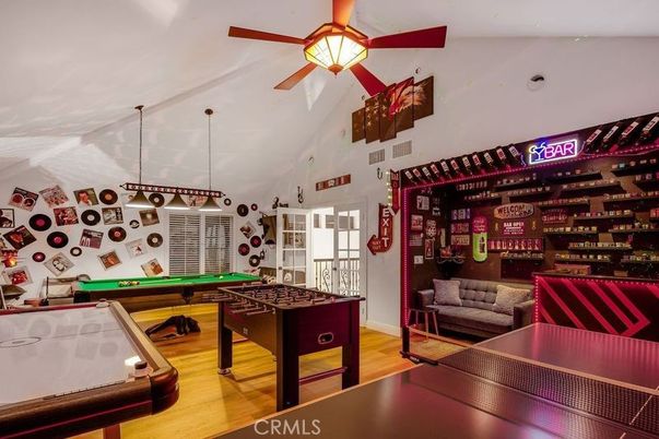 Billiard Table, Game Room, Interior, Pendant Lights, Wood Texture Flooring