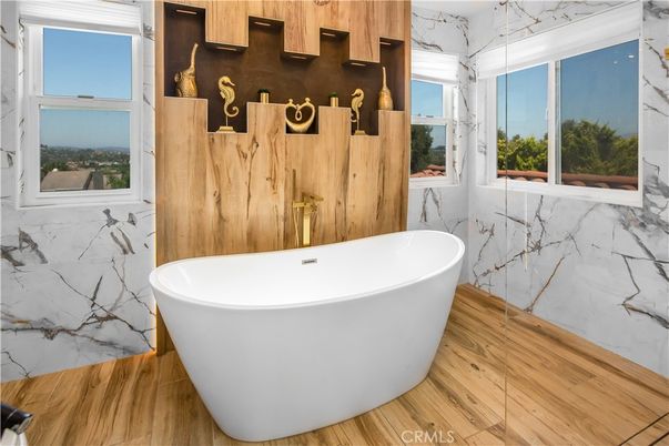 Bathroom, Free Standing Baths, Interior, Marble Walls, Wood Texture Flooring
