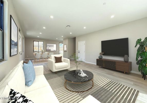 Dining room, Interior, Living room, Recessed Lighting, Wood Texture Flooring