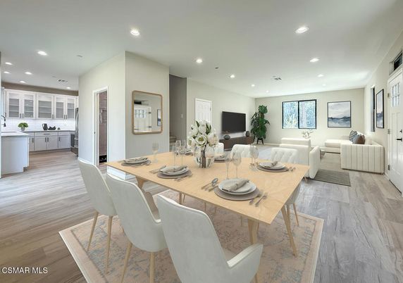Dining room, Interior, Kitchen, Living room, Recessed Lighting, Wood Texture Flooring