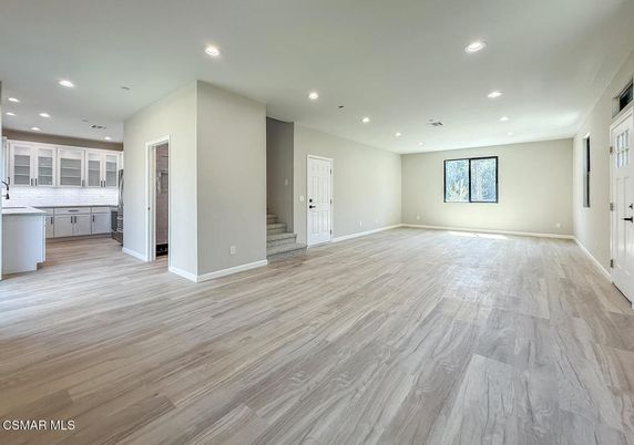 Empty room, Interior, Kitchen, Recessed Lighting, Wood Texture Flooring