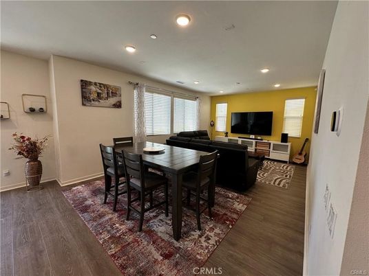 Dining room, Interior, Living room, Recessed Lighting, Wood Texture Flooring