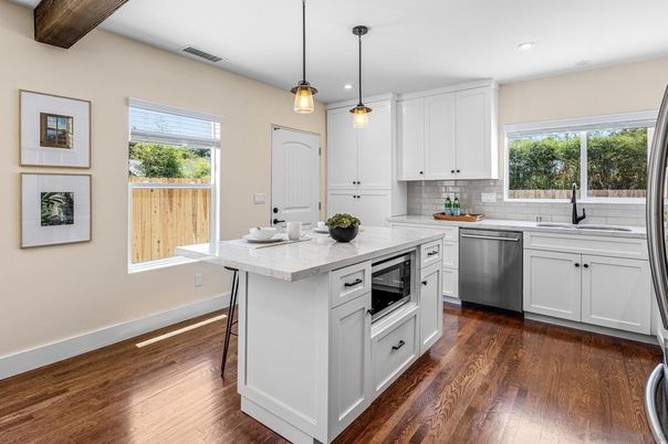 Interior, Kitchen, Pendant Lights, Recessed Lighting, Stainless Steel Appliances, Wooden Beams, Wood Texture Flooring
