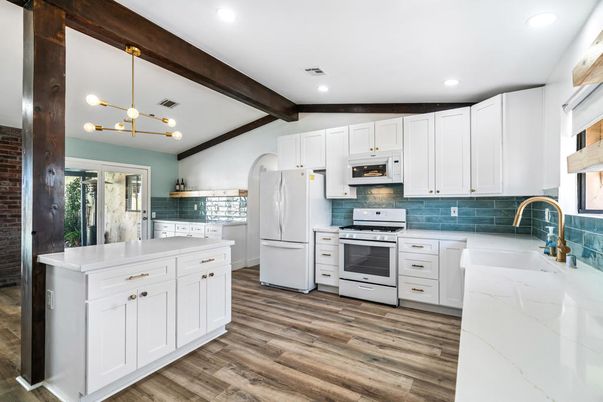 Interior, Kitchen, Pendant Lights, Recessed Lighting, Stainless Steel Appliances, Wooden Beams, Wood Texture Flooring