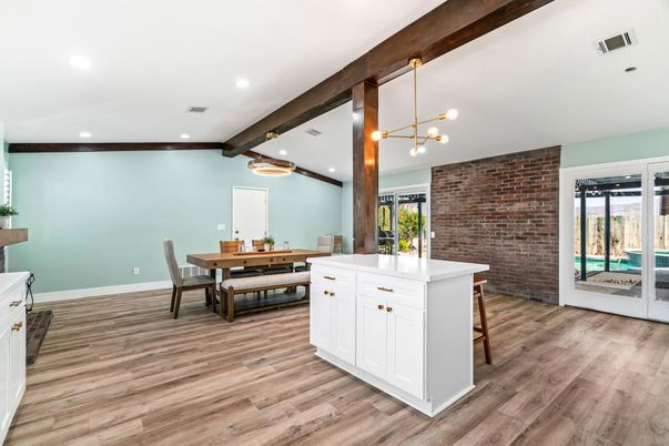 Dining room, Interior, Kitchen, Pendant Lights, Recessed Lighting, Stone Walls, Wooden Beams, Wood Texture Flooring