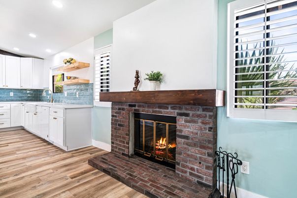 Fireplace, Interior, Recessed Lighting, Wood Texture Flooring