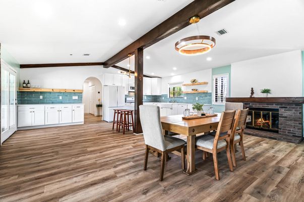 Dining room, Fireplace, Interior, Kitchen, Pendant Lights, Recessed Lighting, Wooden Beams, Wood Texture Flooring
