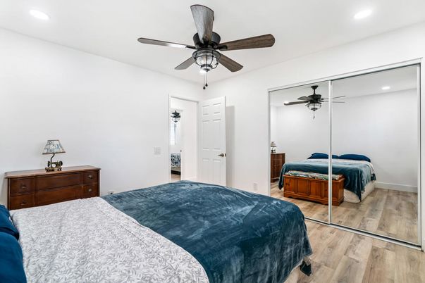 Bedroom, Interior, Recessed Lighting, Wood Texture Flooring