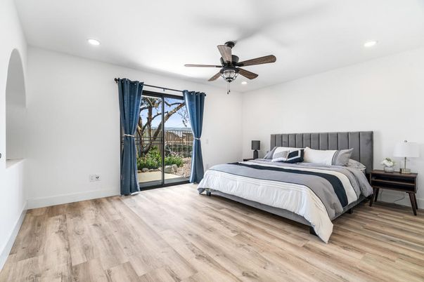 Bedroom, Interior, Recessed Lighting, Wood Texture Flooring
