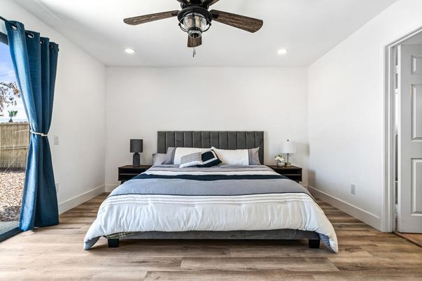 Bedroom, Interior, Recessed Lighting, Wood Texture Flooring