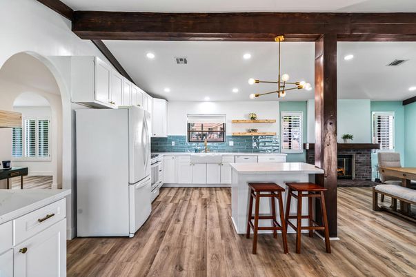 Fireplace, Interior, Kitchen, Pendant Lights, Recessed Lighting, Wooden Beams, Wood Texture Flooring