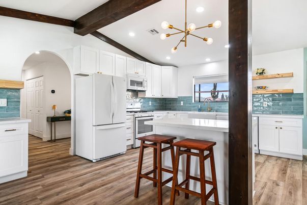 Interior, Kitchen, Pendant Lights, Recessed Lighting, Stainless Steel Appliances, Wooden Beams, Wood Texture Flooring