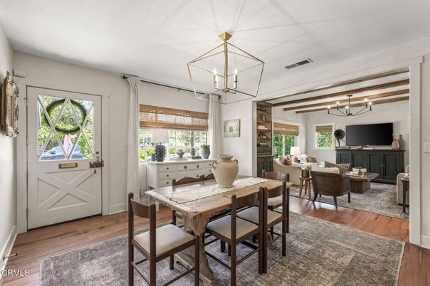 Dining room, Interior, Living room, Pendant Lights, Wood Texture Flooring