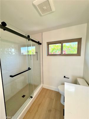 Bathroom, Glass Shower, Interior, Wood Texture Flooring