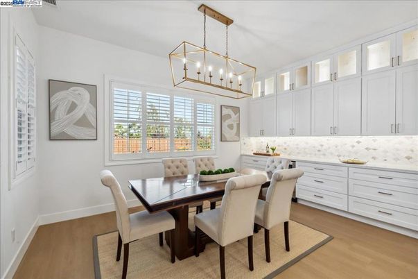 Dining room, Interior, Pendant Lights, Wood Texture Flooring