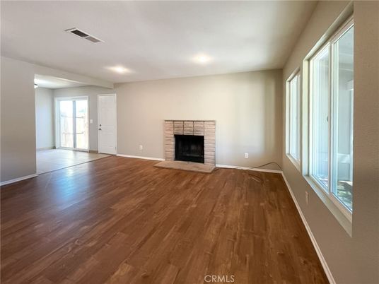 Empty room, Fireplace, Interior, Recessed Lighting, Wood Texture Flooring