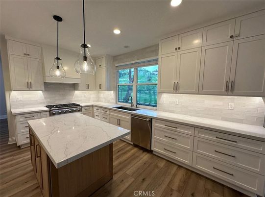 Interior, Kitchen, Pendant Lights, Recessed Lighting, Stainless Steel Appliances, Wood Texture Flooring