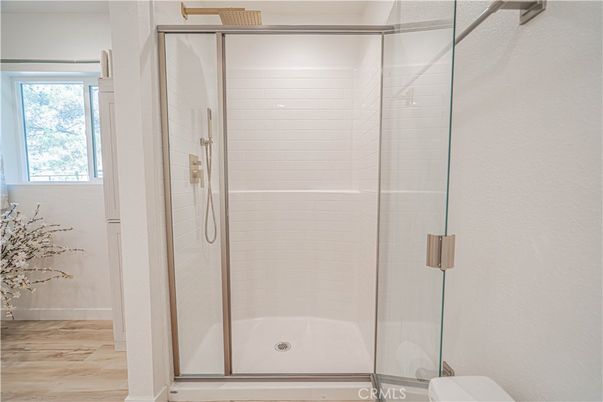 Bathroom, Glass Shower, Interior, Wood Texture Flooring