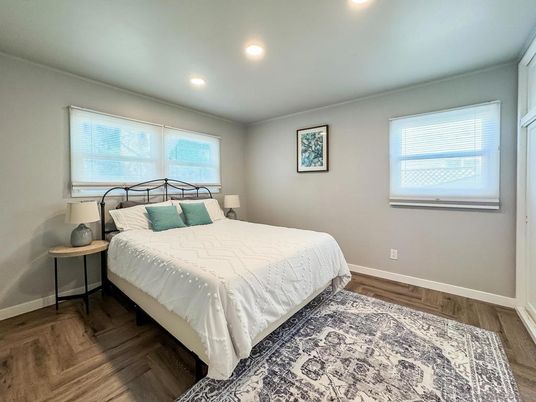 Bedroom, Interior, Recessed Lighting, Wood Texture Flooring