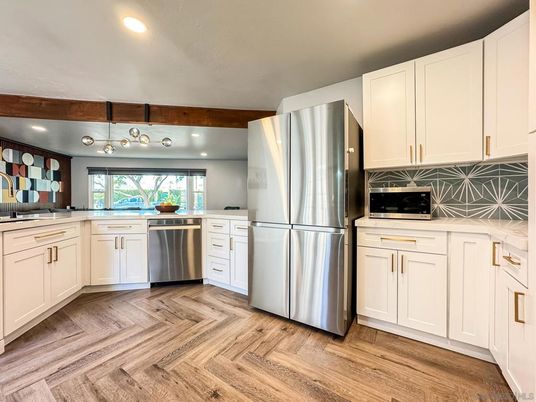 Interior, Kitchen, Pendant Lights, Recessed Lighting, Stainless Steel Appliances, Wooden Beams, Wood Texture Flooring
