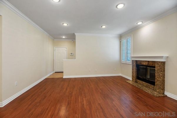 Empty room, Fireplace, Interior, Recessed Lighting, Wood Texture Flooring