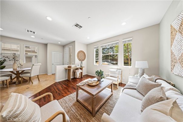 Dining room, Interior, Living room, Recessed Lighting, Wood Texture Flooring