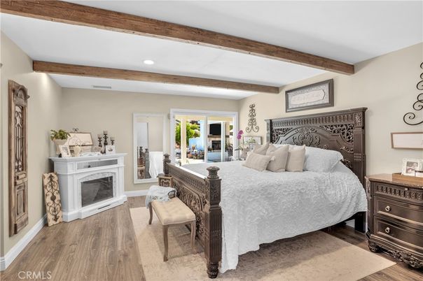 Bedroom, Fireplace, Interior, Recessed Lighting, Wooden Beams, Wood Texture Flooring