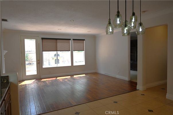 Empty room, Interior, Pendant Lights, Recessed Lighting, Wood Texture Flooring
