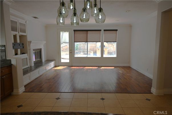 Empty room, Fireplace, Interior, Pendant Lights, Wood Texture Flooring