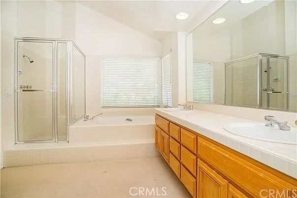 Bathroom, Dual Sink Vanities, Glass Shower, Interior, Recessed Lighting, Tile Countertops