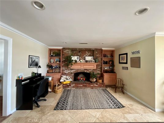 Fireplace, Home Office, Interior, Recessed Lighting, Stone Walls