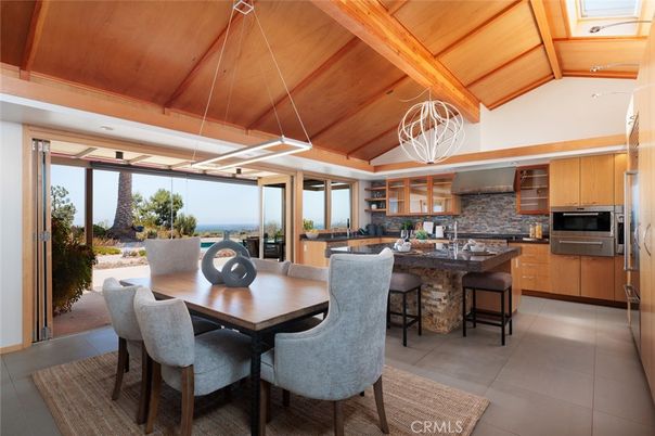 Dining room, Interior, Kitchen, Pendant Lights, Stainless Steel Appliances, Stone Walls, Wooden Beams, Wooden Ceilings