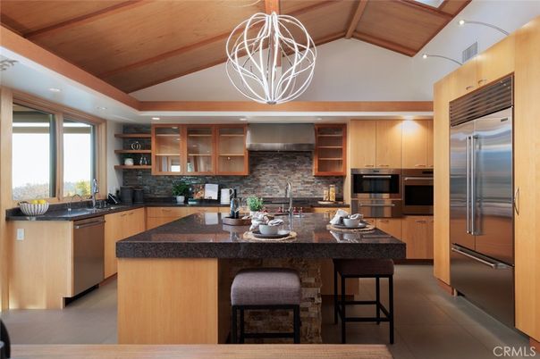 Interior, Kitchen, Pendant Lights, Recessed Lighting, Stainless Steel Appliances, Stone Walls, Wooden Beams, Wooden Ceilings