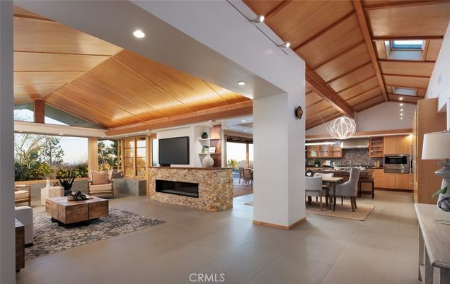 Dining room, Fireplace, Interior, Kitchen, Living room, Pendant Lights, Recessed Lighting, Stainless Steel Appliances, Wooden Beams, Wooden Ceilings