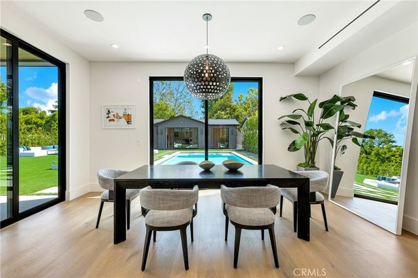 Dining room, Interior, Pendant Lights, Recessed Lighting, Wood Texture Flooring