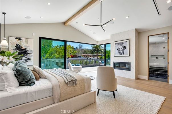 Bedroom, Fireplace, Interior, Pendant Lights, Recessed Lighting, Wooden Beams, Wood Texture Flooring