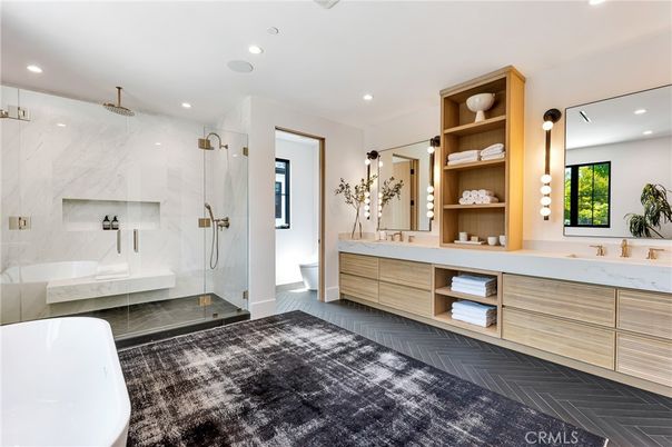 Bathroom, Dual Sink Vanities, Free Standing Baths, Glass Shower, Interior, Marble Walls, Recessed Lighting