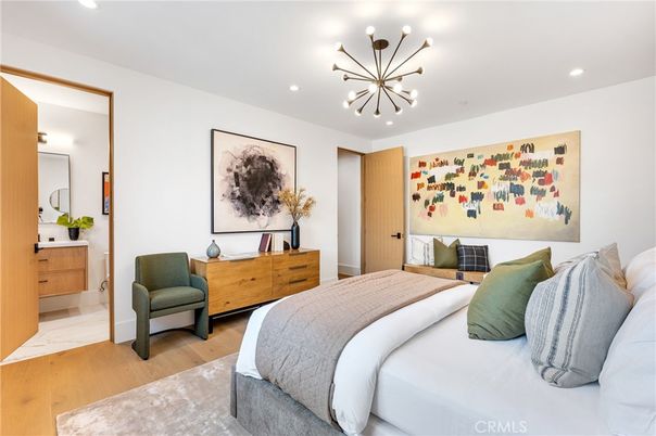 Bedroom, Interior, Marble, Pendant Lights, Recessed Lighting, Wood Texture Flooring