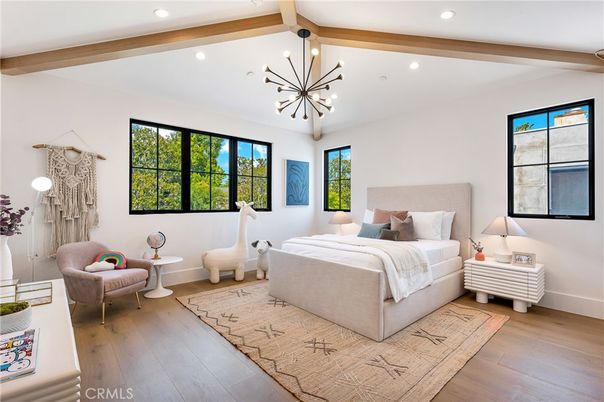 Bedroom, Interior, Pendant Lights, Recessed Lighting, Wooden Beams, Wood Texture Flooring