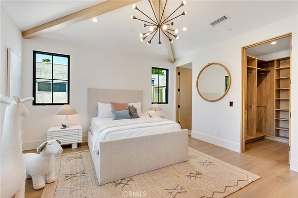 Bedroom, Interior, Pendant Lights, Recessed Lighting, Wood Texture Flooring