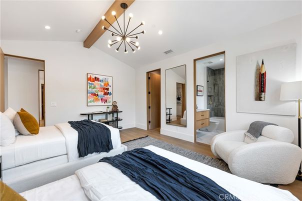 Bedroom, Interior, Pendant Lights, Recessed Lighting, Wooden Beams, Wood Texture Flooring