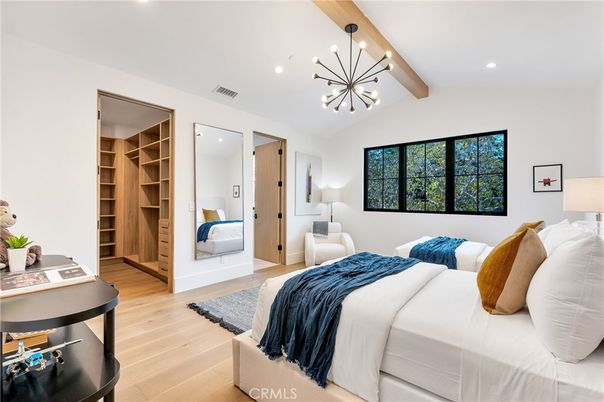 Bedroom, Interior, Pendant Lights, Recessed Lighting, Wooden Beams, Wood Texture Flooring