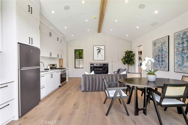 Dining room, Fireplace, Interior, Kitchen, Living room, Recessed Lighting, Wooden Beams, Wood Texture Flooring