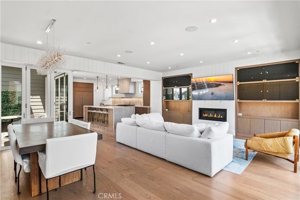 Dining room, Fireplace, Interior, Kitchen, Living room, Pendant Lights, Recessed Lighting, Wood Texture Flooring