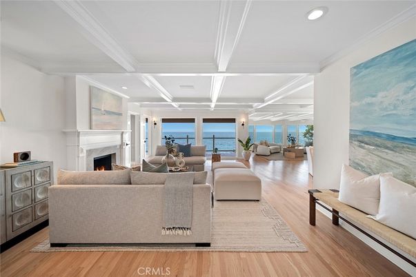 Fireplace, Interior, Living room, Recessed Lighting, Water, Wood Texture Flooring