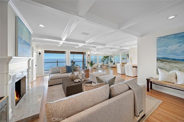 Fireplace, Interior, Living room, Recessed Lighting, Water, Wood Texture Flooring