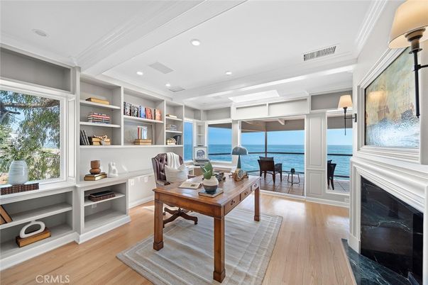 Fireplace, Home Office, Interior, Recessed Lighting, Water, Wood Texture Flooring
